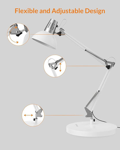 LEPOWER Metal Desk Lamp, Adjustable Goose Neck Architect Table Lamp with On/Off Switch, Swing Arm Desk Lamp with Clamp, Eye-Caring Reading Lamp for Bedroom, Study Room &Office (White)