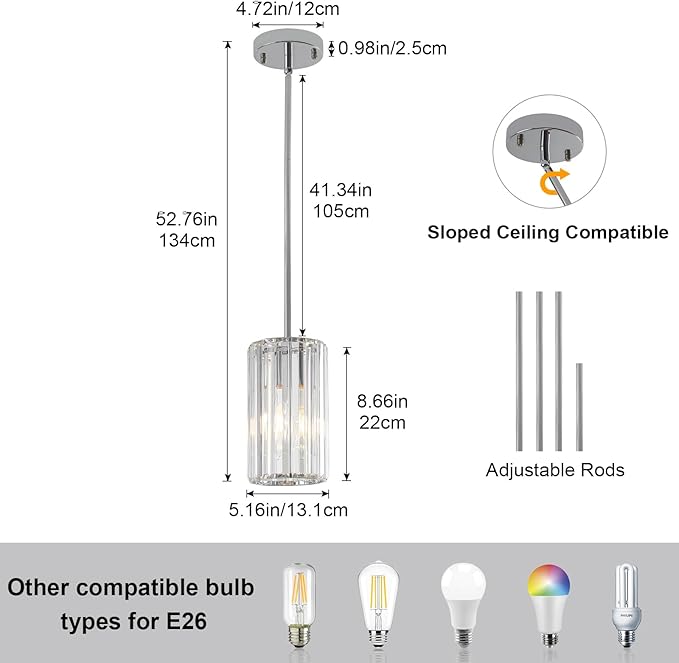 3 Pack Chrome Modern Pendant Lights Mini Chandelier Kitchen Island Pendant Lights Hanging Light Fixtures Adjustable Crystal Chandelier Fixture for Island Dining Room Hallway Bedroom