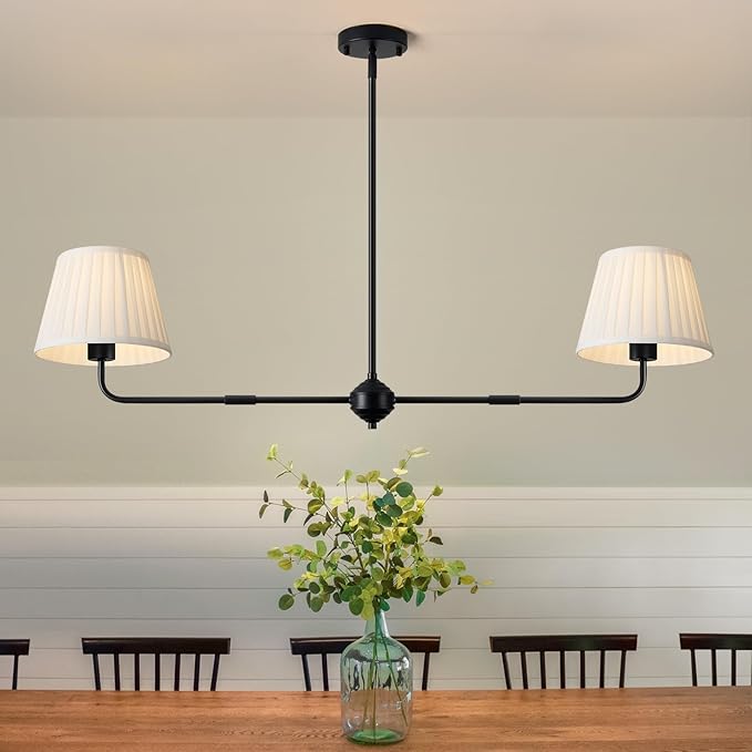 Black Linear Chandelier for Dining Room, 43.3" Modern Pendant Lighting with White Fabric Shade, Double Linear Dining Room Light Fixture Over Table for Kitchen Island Restaurant, E26 Base
