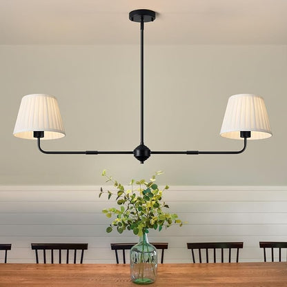 Black Linear Chandelier for Dining Room, 43.3" Modern Pendant Lighting with White Fabric Shade, Double Linear Dining Room Light Fixture Over Table for Kitchen Island Restaurant, E26 Base