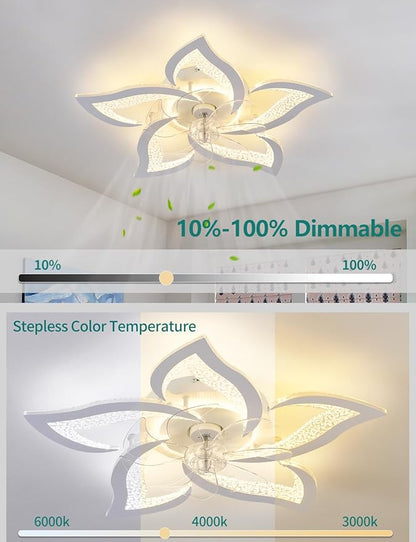 Flower Ceiling Fans with Lights and Remote, 24 Inch Modern Low Profile Flush Mount Ceiling Fan, Dimmable LED Ceiling Light Fixture, Small Ceiling Fans for Bedroom, Kitchen, Indoor-White