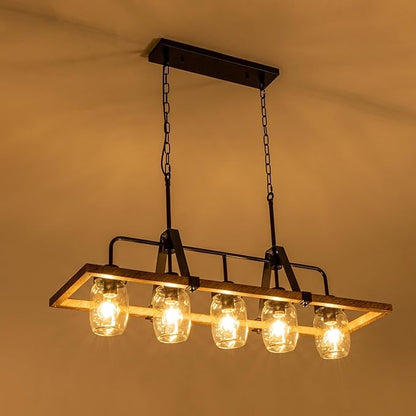 Wellmet Kitchen Island Chandelier, Mason Jar Pendant Light Dining Room, 5-Light Wooden Paint Pendant Light for Living Room, Dining Table, Kitchen, Hallway, Restaurant, 39.3''W