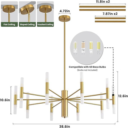 Gold Modern Chandelier 20-Light, Large Luxury Round Candle Chandeliers with Acrylic Shades, 38.6" Dining Room Light Fixture for High Ceilings, Living Room, Foyer, Entryway, G9 Base