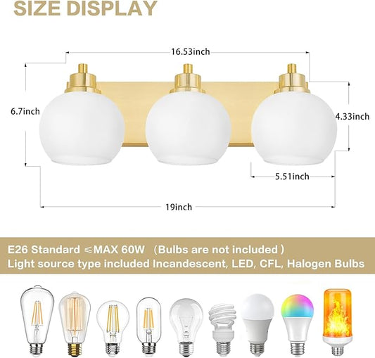 Tuscarora Bathroom Light Fixtures Gold Vanity Light 3 Light Wall Sconces Lighting Brushed Brass Bathroom Lights Bath Wall Lights Wall Lamp for Mirror Kitchen (Brushed Gold & Milk Glass)