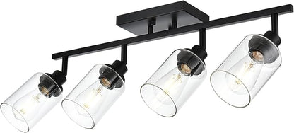 4-Light Track Lighting Kit Black Track Lighting Fixtures Bathroom Wall Sconces Ceiling Mount Kitchen Tracking Lights, Rotatable Spotlight with Clear Glass Shade for Kitchen Shop Hallway
