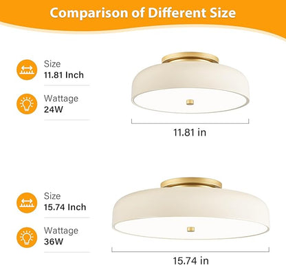 Dimmable LED Ceiling Light Fixture, 2700K-6000K 5CCT Modern Mid-Century Semi Flush Mount Ceiling Light, Cream White Close to Ceiling Lamp for Kitchen, Laundry Room, Bedroom, Hallway, 11.8in