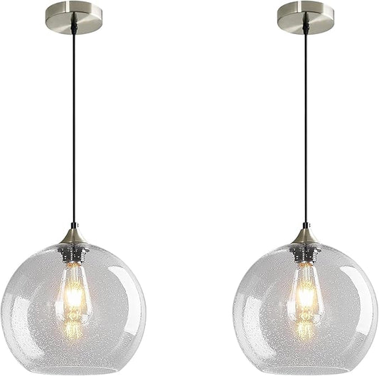 Modern 2-Pack Glass Globe Pendant Lights, Clear Modern Pendant Lighting for Kitchen Island, Clear Glass Hanging Lamps for Dining Room Living Room Bedroom, Small 5.9 Inch Fixture (Bulbs Not Included)