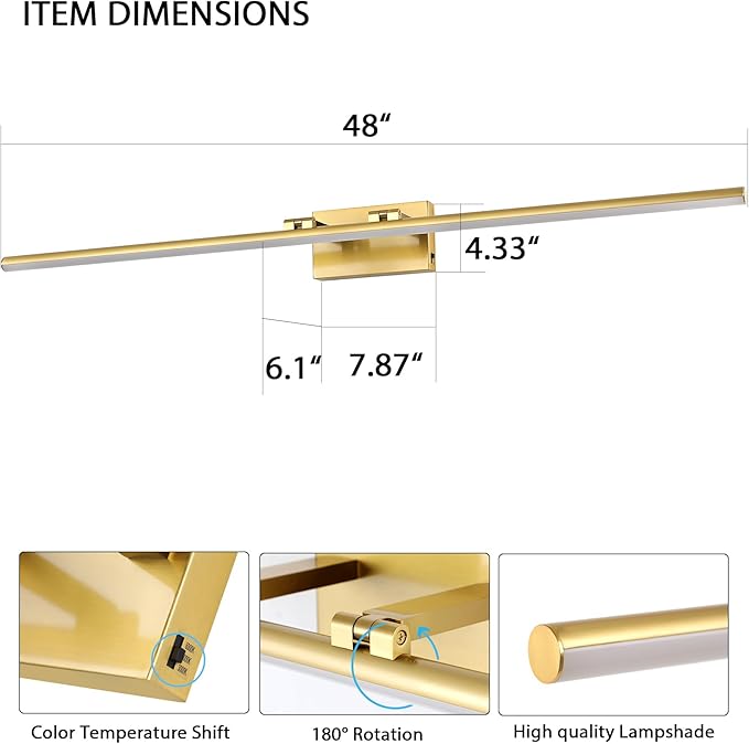 LED Bathroom Vanity Light, Modern Bathroom Light Fixture Over Mirror (3000K/4000K/6000K, Dimmable), Vanity Light Bar with Angle Adjustable, 48 Inch, Brass