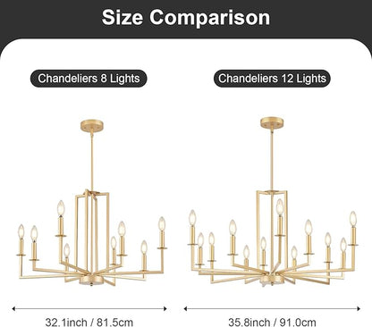 Modern Gold Chandelier, Farmhouse Candle Dining Room Chandeliers, Metal Hanging Pendant Light Fixture for Kitchen, Foyer, Bedroom, Living Room, Staircase, Entryway, 12-Light