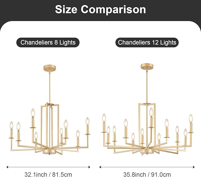 Modern Gold Chandelier, Farmhouse Candle Dining Room Chandeliers, Metal Hanging Pendant Light Fixture for Kitchen, Foyer, Bedroom, Living Room, Staircase, Entryway, 8-Light