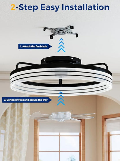 20-Inch Low Profile Ceiling Fan with Lights and Remote Control, Black Modern Flush Mount LED Ceiling Fan, Quiet Fandelier with 6 Wind Speeds, 3000K–6500K Dimmable Lighting for Bedroom