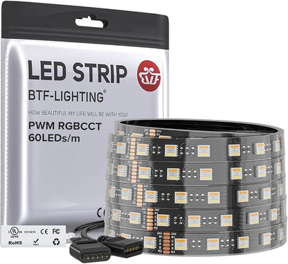 BTF-LIGHTING RGBCCT 5 Colors in 1 LED 5050SMD RGBWW RGB+Dimmable Tunable Color Temperature UL Listed 2700K-6500K 16.4ft 60LED/m 300LED DC24V Multi-Colored IP67 for Decoration(No Adapter or Controller)