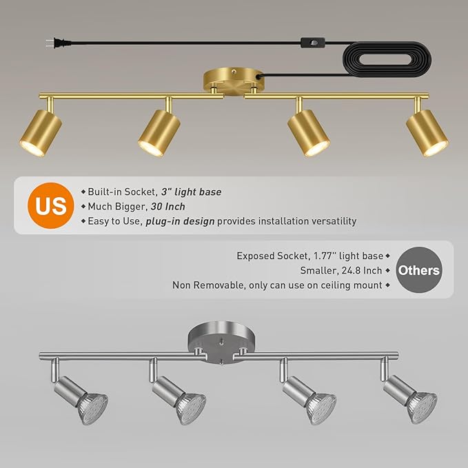 Track Lighting Plug in, LED Track Lighting Fixtures Ceiling Kit, Gold 4-Light Ceiling Light Plug-in, Wall Light with 14.8ft Power Cord, Rotatable Kitchen Spotlight for Bedroom(GU10 Socket, NO Bulb)