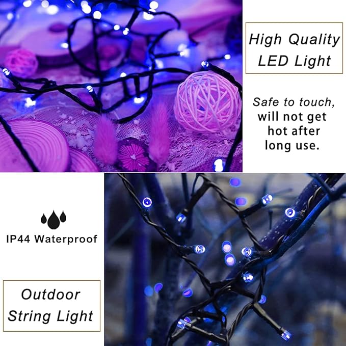Pooqla Christmas Blue String Lights, 200 LED 66 ft Indoor and Outdoor Lights, 8 Modes Holiday Fairy Light for Xmas Tree Home Yard Patio Wedding Party, Christmas Decoration, Blue