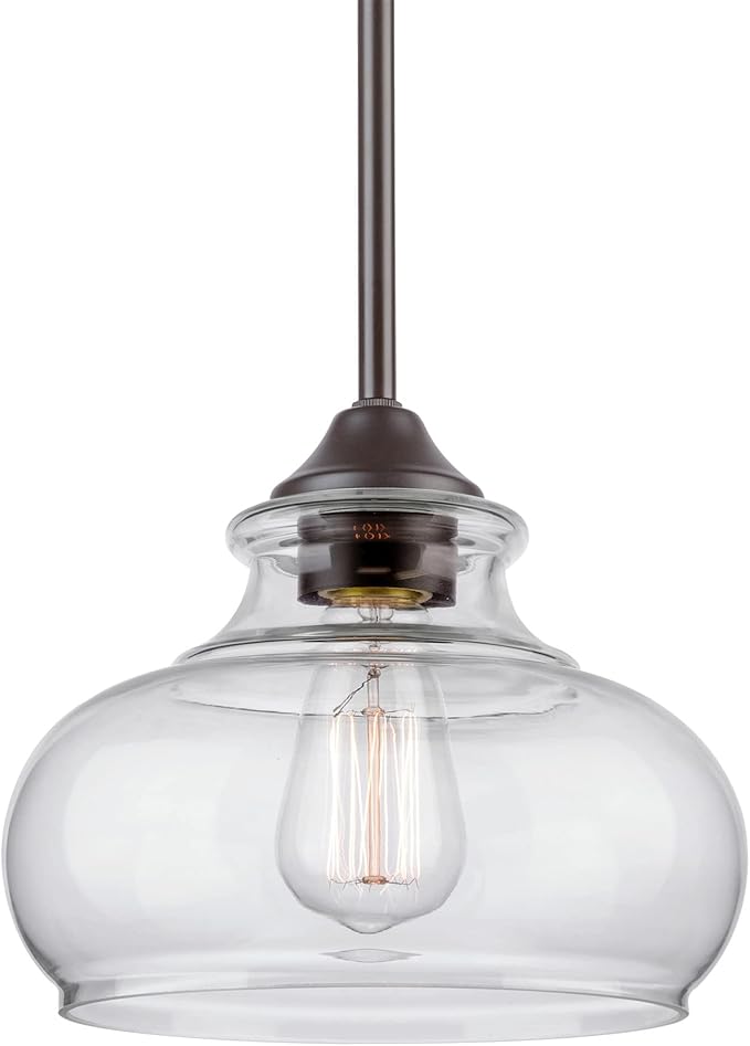 Kira Home Harlow 9" Modern Schoolhouse Pendant Light with Clear Glass Shade, Industrial Farmhouse Brown Hanging Light with Schoolhouse Glass, Oil Rubbed Bronze Finish