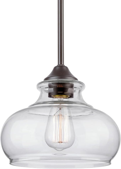 Kira Home Harlow 9" Modern Schoolhouse Pendant Light with Clear Glass Shade, Industrial Farmhouse Brown Hanging Light with Schoolhouse Glass, Oil Rubbed Bronze Finish