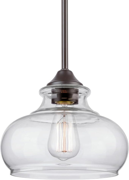 Kira Home Harlow 9" Modern Schoolhouse Pendant Light with Clear Glass Shade, Industrial Farmhouse Brown Hanging Light with Schoolhouse Glass, Oil Rubbed Bronze Finish