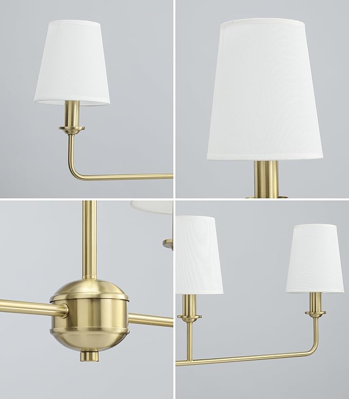 4-Light Brushed Gold Chandelier, Height Adjustable Island Dining Room Light with White Fabric Shades, E12 Base, Farmhouse & Industrial Style for Kitchen Living Room