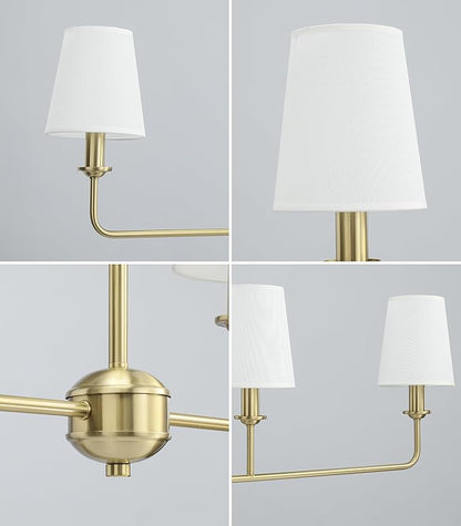 4-Light Brushed Gold Chandelier, Height Adjustable Island Dining Room Light with White Fabric Shades, E12 Base, Farmhouse & Industrial Style for Kitchen Living Room