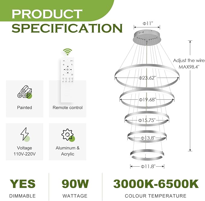Benkut 5-Rings Modern LED Chandelier Silver High Ceiling Chandelier with Remote Control Dimmable Pendant Lighting for Dining Room Foyer Living Room Entryway Staircase(3000K-6500K, D23.6in)