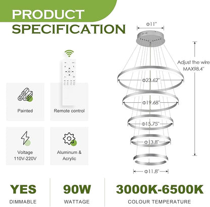 Benkut 5-Rings Modern LED Chandelier Silver High Ceiling Chandelier with Remote Control Dimmable Pendant Lighting for Dining Room Foyer Living Room Entryway Staircase(3000K-6500K, D23.6in)