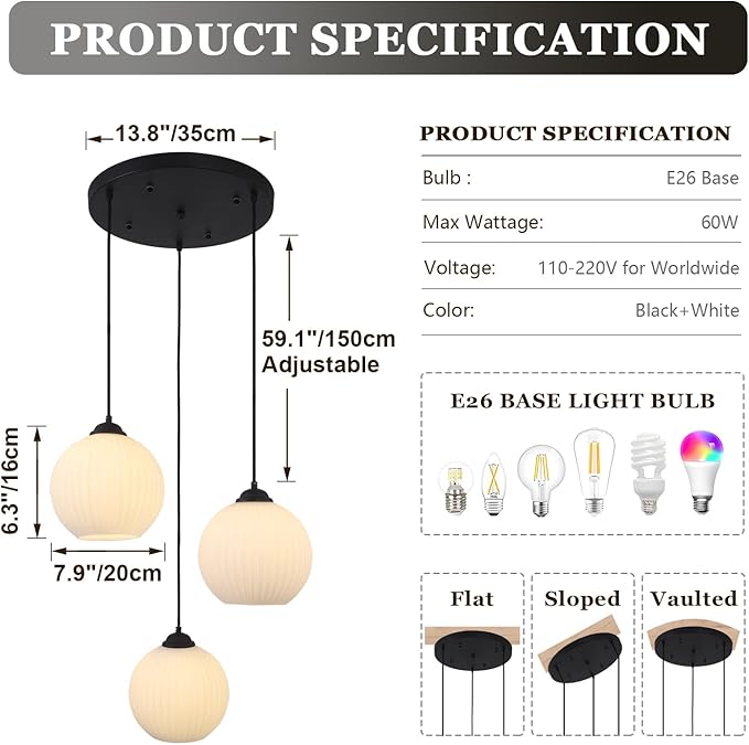 3 Light Globe Cluster Chandelier Black Cluster Pendant Light Milk Glass Chandelier Light Fixture 3 Pendant Light Fixtures Ceiling Hanging Modern Kitchen Pendant Lighting