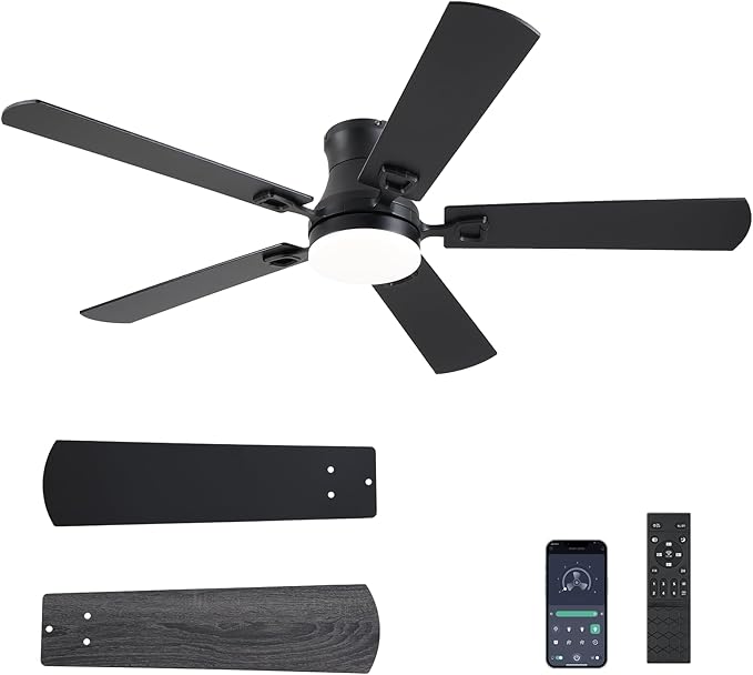 KNUN Ceiling Fans with Lights,52 Inch Low Profile Ceiling Fan with Light and Remote Control,Flush Mount,6 Speeds DC Reversible Motor, 3CCT Dimmable, Noiseless Black Ceiling Fan for Living Room,Patio