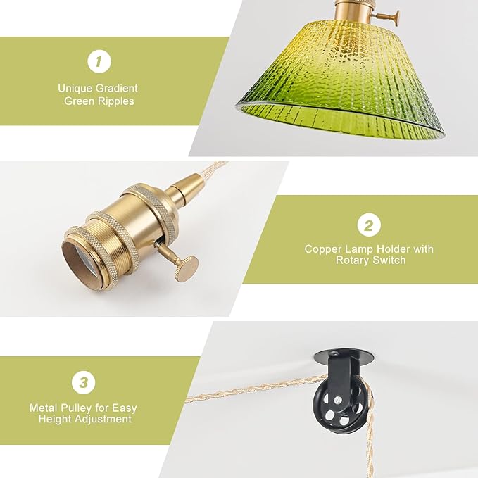 Plug in Pendant Light Vintage 2 Pack, Dimmable Pulley Hanging Lamp with Gradient Green Glass Shade, Brass Hanging Lights with Plug in Cord, Gold Plug in Hanging Light Fixture for Living Room Ceiling