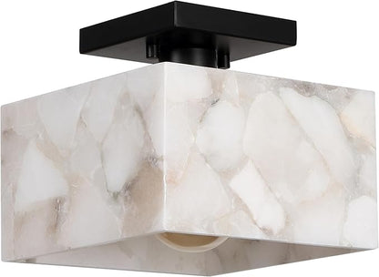 JONATHAN Y 8" White Marbling/Black Modern 1-Light Semi Flush Mount Ceiling Light for Bedroom, Cube White Alabaster Marble Shade, Mid-Century Minimalist Fixture, LED Bulb Included (JYL1203B)