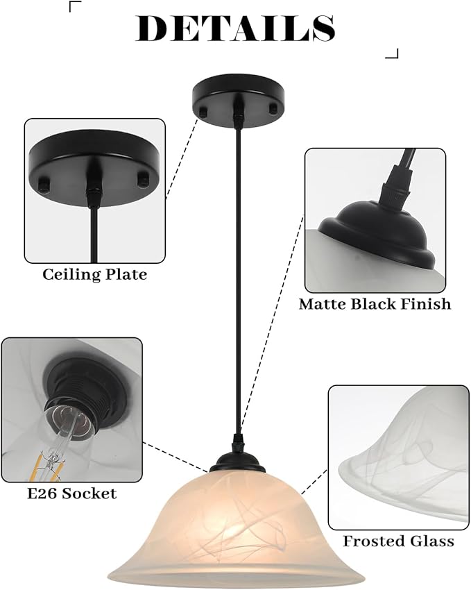 Black Pendant Lights Kitchen Island 2 Pack, 11.8 Inch White Glass Pendant Light with Frosted, Alabaster Island Pendant Lights, Vintage Farmhouse Pendant Lights for Dining Room, Bar, Cafe
