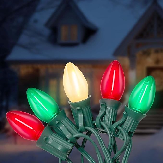 C7 LED Christmas Lights, 25Ft Vintage C7 Christmas Lights with 27 LED Clear Red Green White Bulbs, Hanging Connectable Xmas String Lights for Patio Garden Holiday Home Xmas Decor