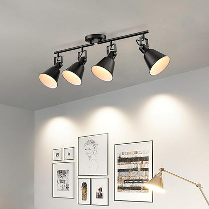 DIRYZON 4-Light Industrial Matte Black Adjustable Round Track Lighting, Semi Flush Mount Ceiling Light with Multi-Directional Heads for Kitchen, Living Room, Bedroom, Hallway, Dimmable