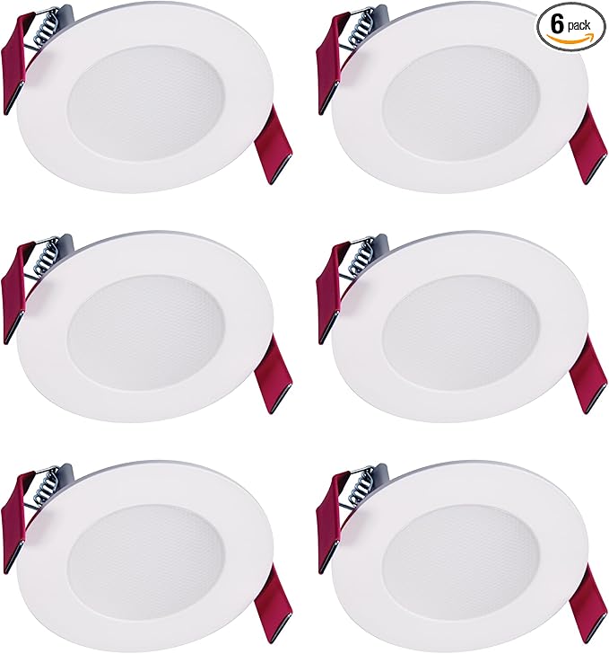 HALO HLB 3 Inch Canless LED Recessed Downlight, 500 Lumens, 5CCT Selectable 2700K-5000K, IC/Airtight, Wet Rated, White Trim 6- Pack HLB3059FS1EMWR-6PK