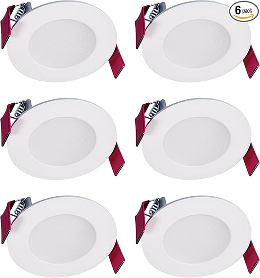 HALO HLB 3 Inch Canless LED Recessed Downlight, 500 Lumens, 5CCT Selectable 2700K-5000K, IC/Airtight, Wet Rated, White Trim 6- Pack HLB3059FS1EMWR-6PK