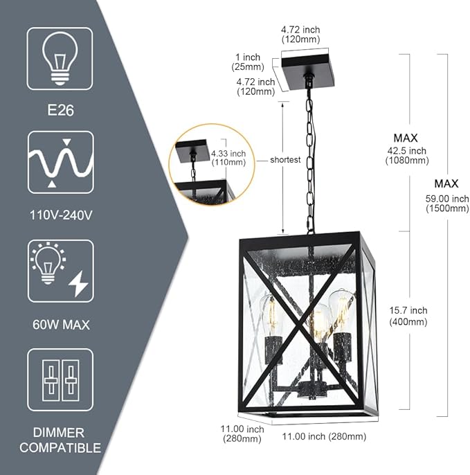 TODOLUZ Large Outdoor Pendant Light, Black Exterior Ceiling Porch Light with Seeded Glass Panel, Outdoor Chandelier Hanging Lantern for Garage Entryway Patio Front Door