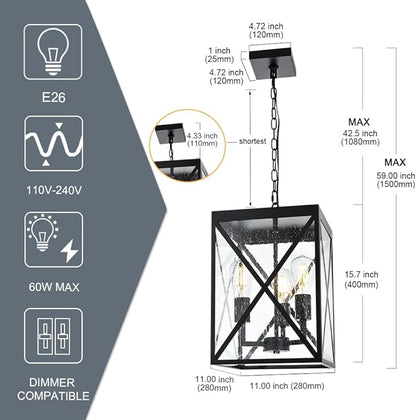 TODOLUZ Large Outdoor Pendant Light, Black Exterior Ceiling Porch Light with Seeded Glass Panel, Outdoor Chandelier Hanging Lantern for Garage Entryway Patio Front Door