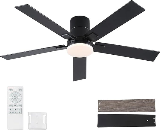 52 Inch Ceiling Fans with Lights and Remote,Flush Mount Black Ceiling Fan with 5 Blades,6 Speed Reversible DC Motor,3CCT Dimmable LED-Low Profile Design for Bedroom, Living room & Covered Outdoor