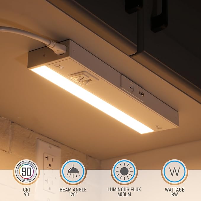 TORCHSTAR LED Under Cabinet Lighting 5CCT, 12 Inch 8W 600LM, Hardwired & Plug-in, 5 Color Selectable CRI90 120V ETL T24 Listed Dimmable Under Counter Lights for Kitchen, White Aluminum Housing, 2 Pack