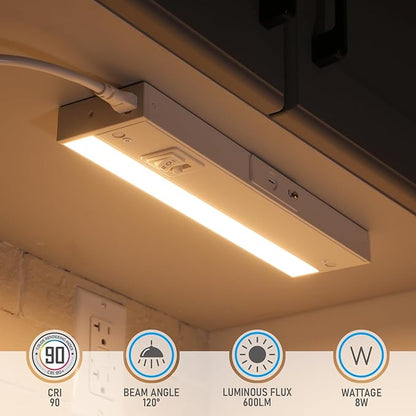 TORCHSTAR LED Under Cabinet Lighting 5CCT, 12 Inch 8W 600LM, Hardwired & Plug-in, 5 Color Selectable CRI90 120V ETL T24 Listed Dimmable Under Counter Lights for Kitchen, White Aluminum Housing, 2 Pack