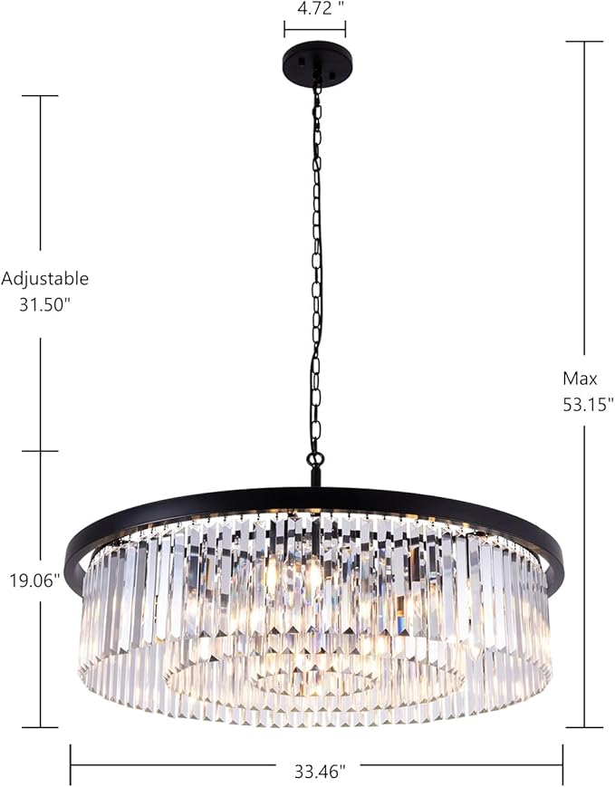 Wellmet Modern Black Crystal Chandelier, 33.5" Large 3-Tier Round Pendant Light with Adjustable Chain, 9-Light Luxury Crystal Ceiling Fixture for High Ceiling Foyer, Grand Living Room, Dining, Bedroom
