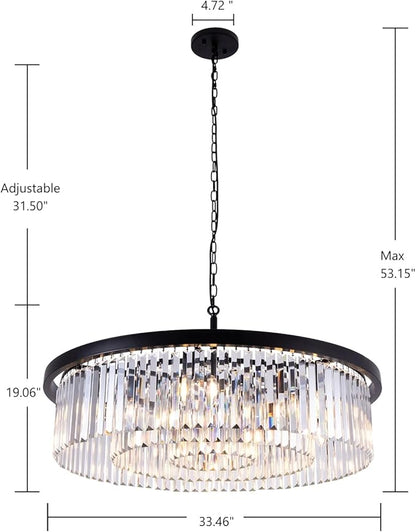 Wellmet Modern Black Crystal Chandelier, 33.5" Large 3-Tier Round Pendant Light with Adjustable Chain, 9-Light Luxury Crystal Ceiling Fixture for High Ceiling Foyer, Grand Living Room, Dining, Bedroom