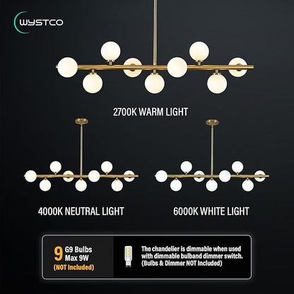 Mid Century Modern Globe Sputnik Chandelier, 9-Light Linear Chandeliers for Dining Room and Kitchen Island, Dining Light Fixture Over Table, Brass Gold and Milk White Glass Bubble, 40 Inch