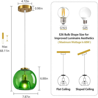 Green Glass Pendant Lights Kitchen Island Gold Hanging Light Fixture Glass Globe Pendant Light Modern Pendant Lighting for Kitchen Island Bedroom Dining Room (7.87", 3 Pack)