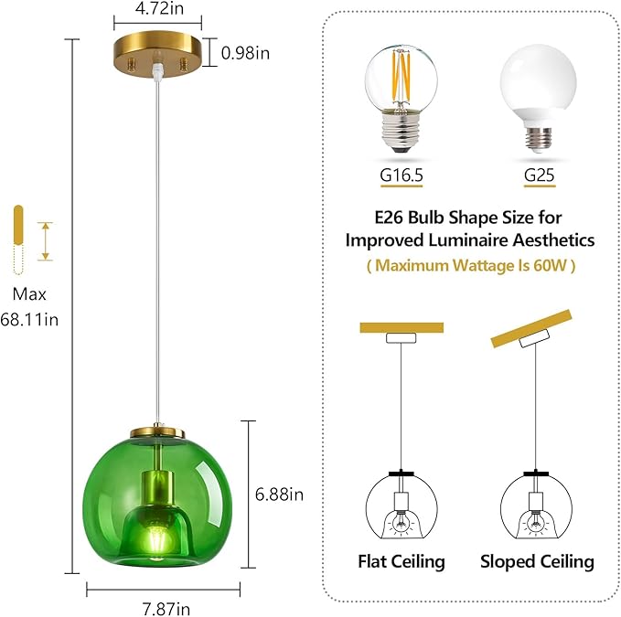 Green Glass Pendant Lights Kitchen Island Gold Hanging Light Fixture Glass Globe Pendant Light Modern Pendant Lighting for Kitchen Island Bedroom Dining Room (7.87", 1 Pack)