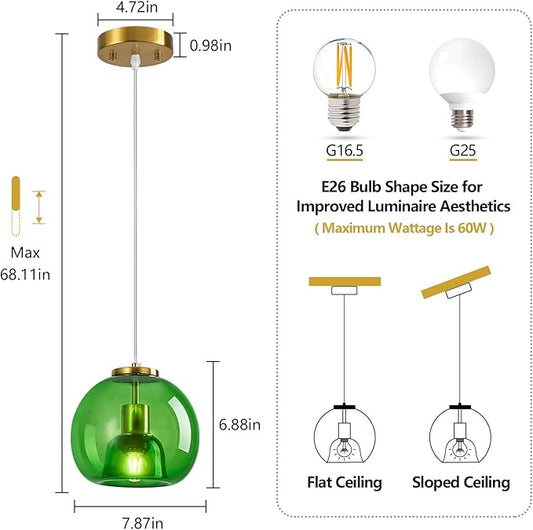 Green Glass Pendant Lights Kitchen Island Gold Hanging Light Fixture Glass Globe Pendant Light Modern Pendant Lighting for Kitchen Island Bedroom Dining Room (7.87", 1 Pack)
