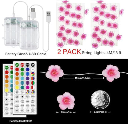 2 Pack Battery Operated String Lights Indoor, 13ft Cherry Blossom Bedroom Lights, Color Changing Flower Lights Decorative for Room Dressing Table Dorm Party Easter Girl Mom Gift Wedding Christmas