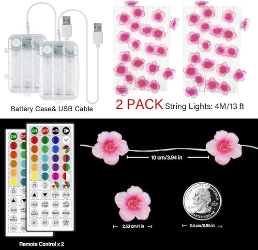 2 Pack Battery Operated String Lights Indoor, 13ft Cherry Blossom Bedroom Lights, Color Changing Flower Lights Decorative for Room Dressing Table Dorm Party Easter Girl Mom Gift Wedding Christmas