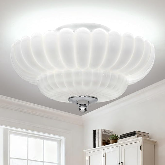 Modern White Ceiling Light Fixture, 12" White Glass Flush Mount Chandeliers, Semi Flush Mount Ceiling Light Fixture Suitable for Living Room Hallway Kitchen Bedroom