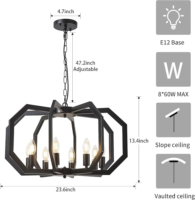 Lanhall 8 Black Light Farmhouse Chandelier Dining Room Light Fixture Geometric Modern Rustic Hanging Pendant Light for Living Room, Kitchen Island, Foyer, Entryway, Hallway, Stairway