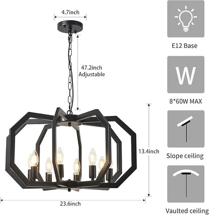 Lanhall 8 Black Light Farmhouse Chandelier Dining Room Light Fixture Geometric Modern Rustic Hanging Pendant Light for Living Room, Kitchen Island, Foyer, Entryway, Hallway, Stairway